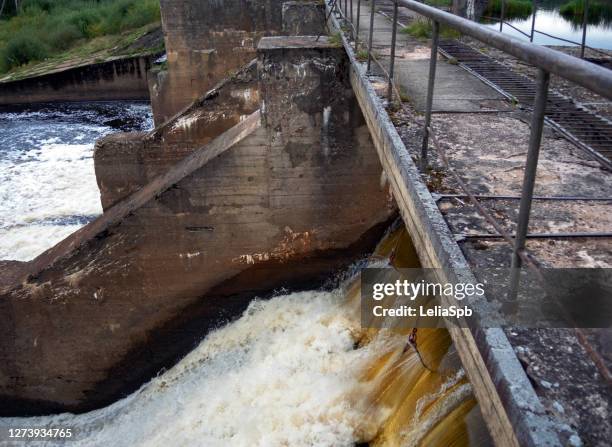 hydraulic structure on a forest river - stuw stockfoto's en -beelden
