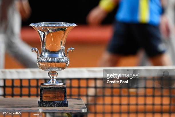 Detailed view of the winner's trophy during the presentation ceremony following the men's final match between Novak Djokovic of Serbia and Diego...