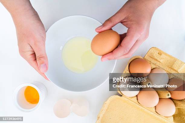 female hands breaking one egg in a ceramic bowl, italy. - cracked egg stock-fotos und bilder