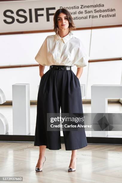 Actress Paz Vega attends 'El Lodo' photocall during the 68th San Sebastian International Film Festival at the Kursaal Palace on September 21, 2020 in...