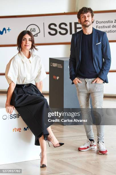 Actress Paz Vega and actor Raul Arevalo attend 'El Lodo' photocall during the 68th San Sebastian International Film Festival at the Kursaal Palace on...