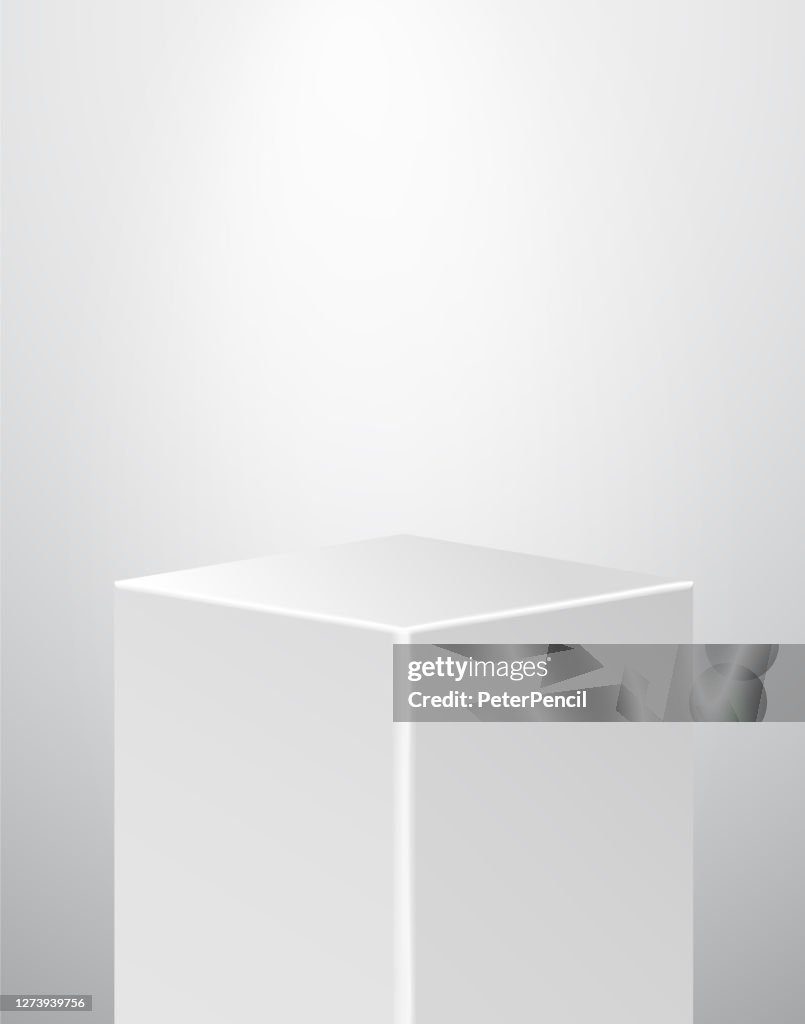 Podium Pedestal Museum Stage. Realistic Vector. Geometric Blank 3D Spotlight Stand. Cube Rhombus Prism.