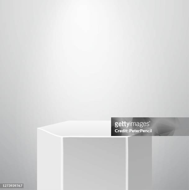 podium pedestal museum stage. realistic vector. geometric blank 3d spotlight stand. hexagon prism. - museum pedestal stock illustrations