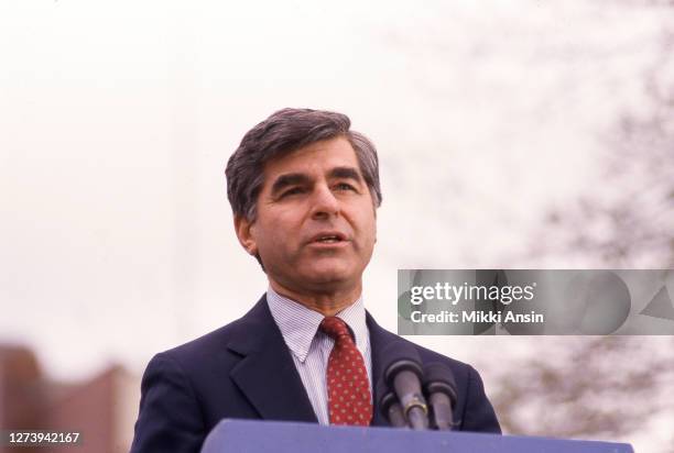 Governor Michael Dukakis announces his Presidential candidacy in Boston on April 29, 1987.