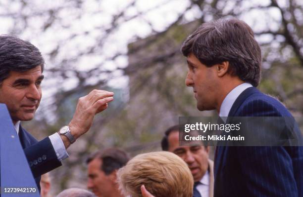 Governor Michael Dukakis announces his Presidential candidacy with Massachusetts Senator John Kerry in Boston on April 29, 1987.