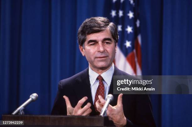 Governor Michael Dukakis speaks at a campaign event at the State House in Boston, in October, 1987.