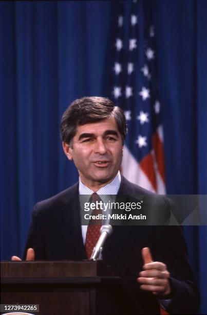 Governor Michael Dukakis speaks at a campaign event at the State House in Boston, in October, 1987.