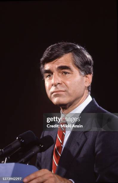 Governor Michael Dukakis speaks at a campaign event in Boston in October, 1987.