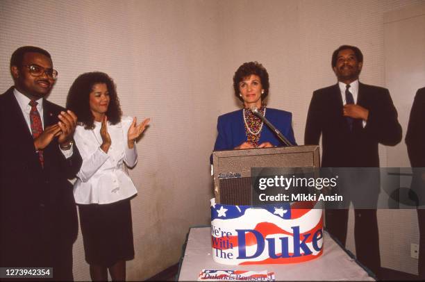 Kitty Dukakis campaigns for her husband Governor Michael Dukakis in the Presidential campaign in Miami in October 1988.