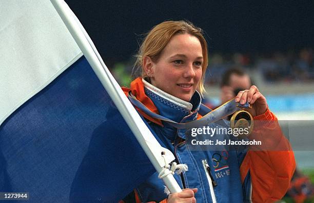 Marianne Timmer of the Netherlands wins the gold medal in the womens 1000m speed skate at the M-Wave during the 1998 Olympic Winter Games in Nagano,...