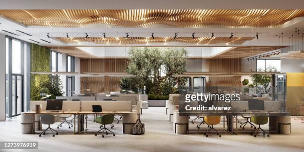 eco friendly coworking office space in 3d - panoramic office stock pictures, royalty-free photos & images