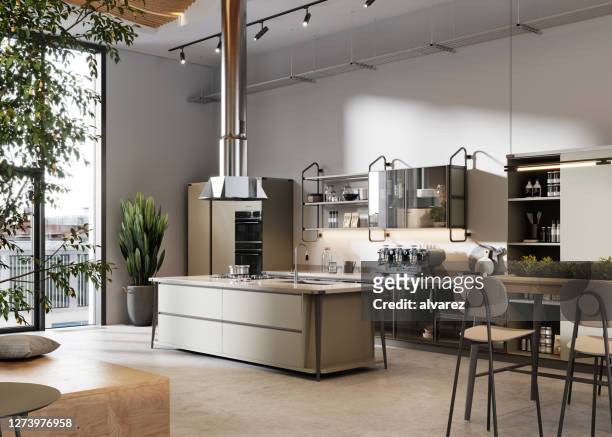 3d teruggave van een grote keuken van de bureauruimte - kitchen conceptual stockfoto's en -beelden