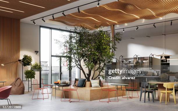 creative office interior with cafeteria in 3d - co working stock pictures, royalty-free photos & images