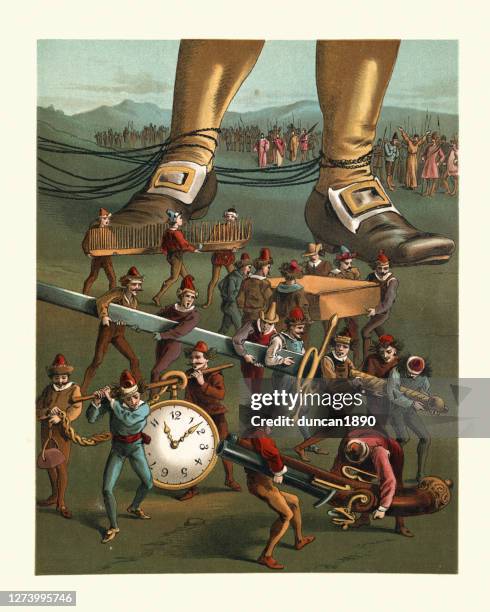 illustrazioni stock, clip art, cartoni animati e icone di tendenza di viaggi gulliver, lillipuziani prendendo orologio gulliver, spada, pistola, pettine - omaggio ad un opera letteraria