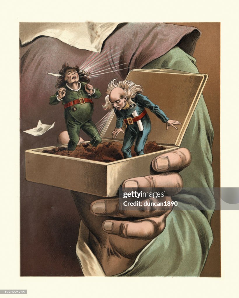 Gulliver's travels, Lilliputian men sneezing in Gulliver's snuff box