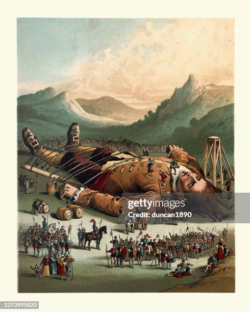 illustrazioni stock, clip art, cartoni animati e icone di tendenza di i viaggi di gulliver, gulliver legato dai lillipuziani - gigante personaggio fantastico