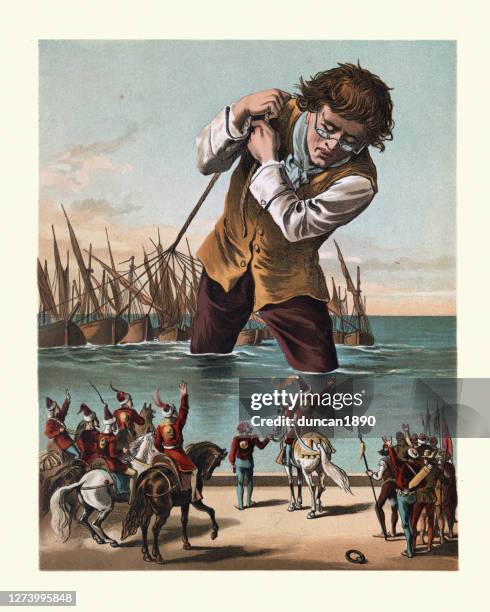 gulliver's travels, gulliver pulling fleet of ships - picture book stock illustrations