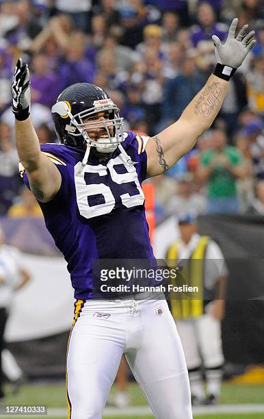 Jared Allen of the Minnesota Vikings celebrates during the game against the Detroit Lions on September 25, 2011 at Hubert H. Humphrey Metrodome in...