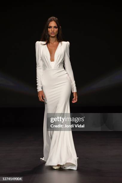 Model walks the runway during Pronovias show as part of the Valmont Barcelona Bridal Fashion Week on September 21, 2020 in Barcelona, Spain.