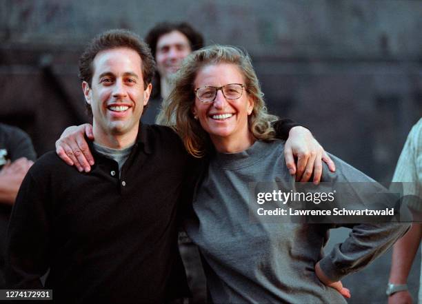 Jerry Seinfeld and acclaimed photographer, Annie Leibovitz, pose together after Annie photographed Jerry in a Manhole on Laight and Greenwich Streets...