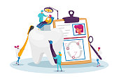 Dental Health Care, Oral Treatment Program, Check Up Concept. Tiny Doctor Dentists Characters in Medical Robe Use Tools