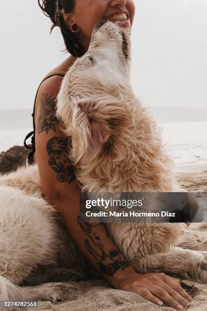 mujer tatuada con perro en la playa - mujer playa stock pictures, royalty-free photos & images