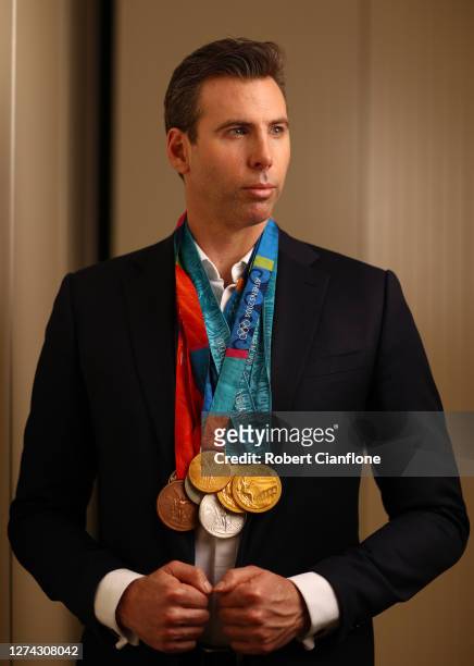 Grant Hackett poses during a portrait session at his home on September 11, 2020 in Melbourne, Australia. Hackett won a gold medal in the Men's 1500m...