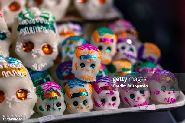 sugar skulls on the day of the dead - pan de muerto stockfoto's en -beelden