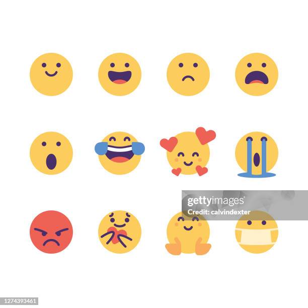 ilustraciones, imágenes clip art, dibujos animados e iconos de stock de emoticonos lindo colorido paquete esencial - emoticon