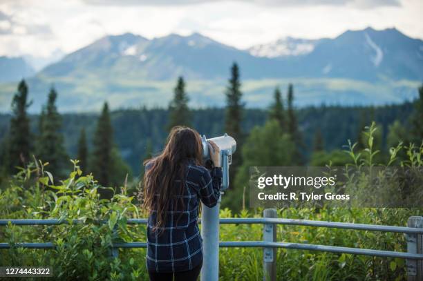 female hiker usingcoin-operatedbinoculars, alaska, usa - mt mckinley ストックフォトと画像