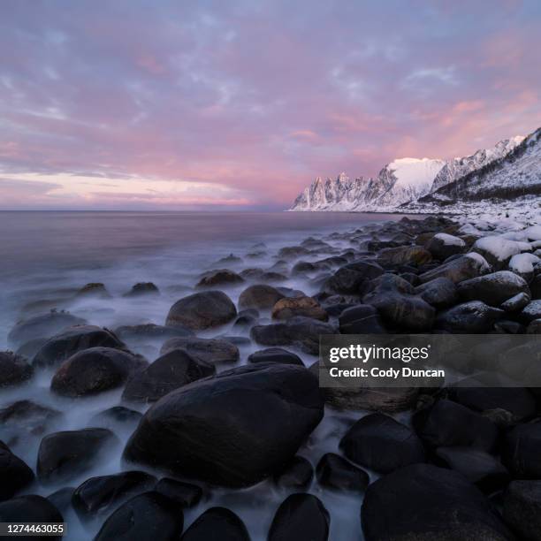 view from rocky coastline of steinfjord toward okshornan, senja, norway - isola di senja foto e immagini stock