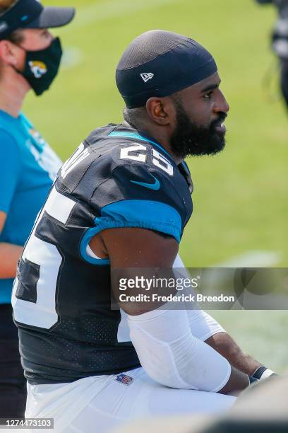 Hayden of the Jacksonville Jaguars watches from the sideline during a game against the Tennessee Titans at Nissan Stadium on September 20, 2020 in...