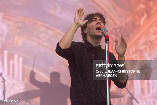 French singer Thomas Mars of French pop rock and electronic music band Phoenix performs on stage during the 33rd edition of the Eurockeennes de...