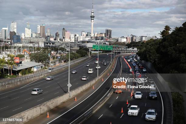 Afternoon commuters face congestion in the two northbound lanes currently operating on the Harbour Bridge on September 22, 2020 in Auckland, New...