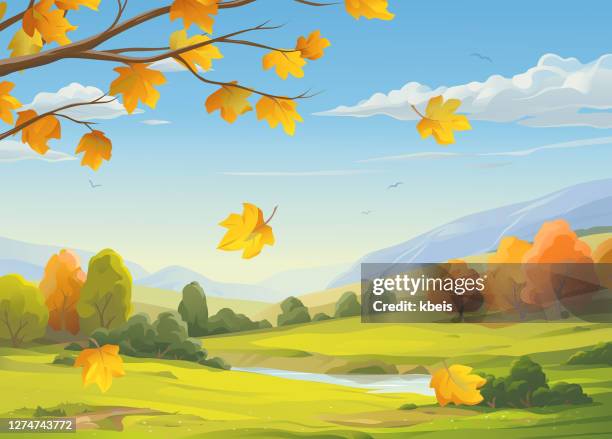 ilustraciones, imágenes clip art, dibujos animados e iconos de stock de hojas que caen en el paisaje de otoño - automne