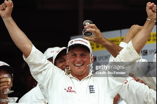 Darren Gough of England celebrates after series win against South Africa, during the 5th Test match at Headingley in Leeds, England. England won the...