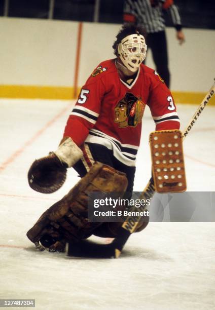 Goalie Tony Esposito of the Chicago Blackhawks defends the net during an NHL game in December, 1978.