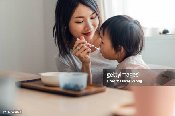 young mother feeding food to her toddler daughter - 食べさせる ストックフォトと画像