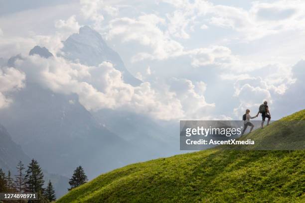 aerial view of hiking couple traversing alpine meadow in the morning - journey together stock pictures, royalty-free photos & images