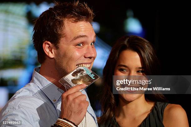 Rhiannon Fish and Lincoln Lewis arrive at the Australian premiere of 'Real Steel' at Event Cinemas on September 28, 2011 in Sydney, Australia.