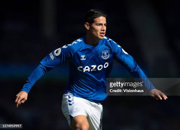 James Rodriguez of Everton in action during the Premier League match between Everton and West Bromwich Albion at Goodison Park on September 19, 2020...