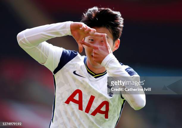 Heung-Min Son of Tottenham Hotspur celebrates after scoring his team's second goal during the Premier League match between Southampton and Tottenham...