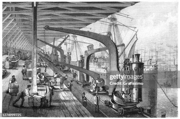 pier mit kränen im hafen hamburg deutschland 1877 - harbor stock-grafiken, -clipart, -cartoons und -symbole