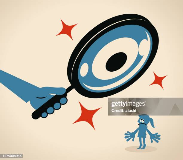 businesswoman is being watched by a big magnifying glass with eyes - micro scope stock illustrations