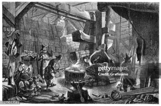 blacksmith forging iron on scythe hammer and sickle in thuringia germany - blacksmith shop stock illustrations