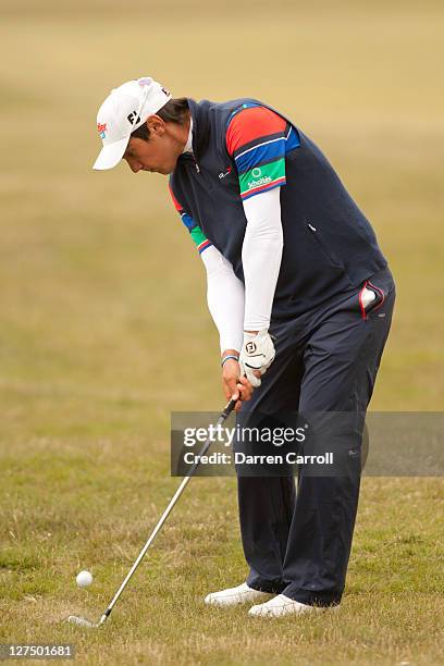 Matteo Manassero of Italy plays a shot during a practice round at the 2011 Open Championship at Royal St. George's Golf Club in Sandwich, England on...