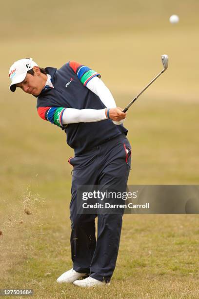 Matteo Manassero of Italy plays a shot during a practice round at the 2011 Open Championship at Royal St. George's Golf Club in Sandwich, England on...