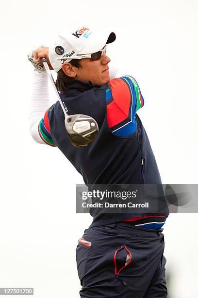 Matteo Manassero of Italy plays a shot during a practice round at the 2011 Open Championship at Royal St. George's Golf Club in Sandwich, England on...