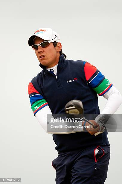 Matteo Manassero of Italy plays a shot during a practice round at the 2011 Open Championship at Royal St. George's Golf Club in Sandwich, England on...