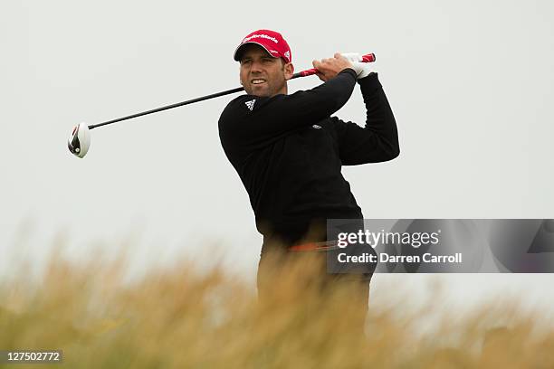 Sergio Garcia of Spain plays a shot during the first round of the 2011 Open Championship at Royal St. George's Golf Club in Sandwich, England on July...